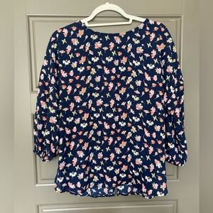 Francesca’s navy blouse with pink flowers